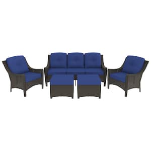 5-Piece Wicker Patio Conversation Set with Blue Cushions, 3-Seater Sofa, Lounge Chair, and Ottoman