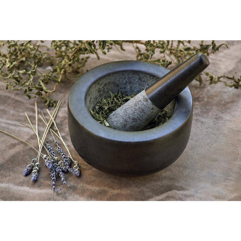 Black Granite Round Mortar and Pestle, 7 Inches
