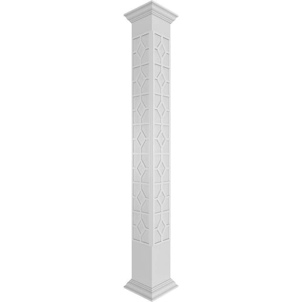 Ekena Millwork 7-5/8 in. x 9 ft. Premium Square Non-Tapered Kinsman Fretwork PVC Column Wrap Kit w/Crown Capital & Base