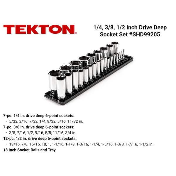 TEKTON 1/4,3/8,1/2 in. Drive Deep 6-Point Socket Set with Rails