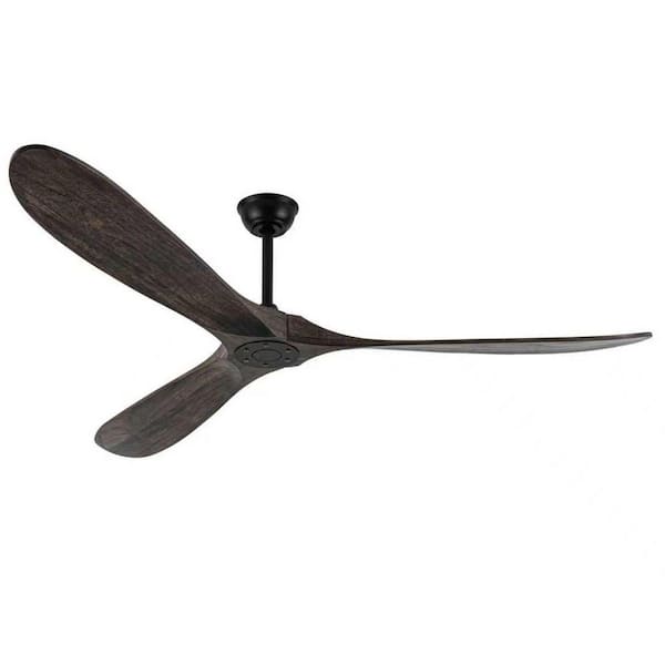 72 in. Black Propeller Downrod Ceiling Fan, Solid Brown Wood Blades, No Light, Remote and Wall Switch