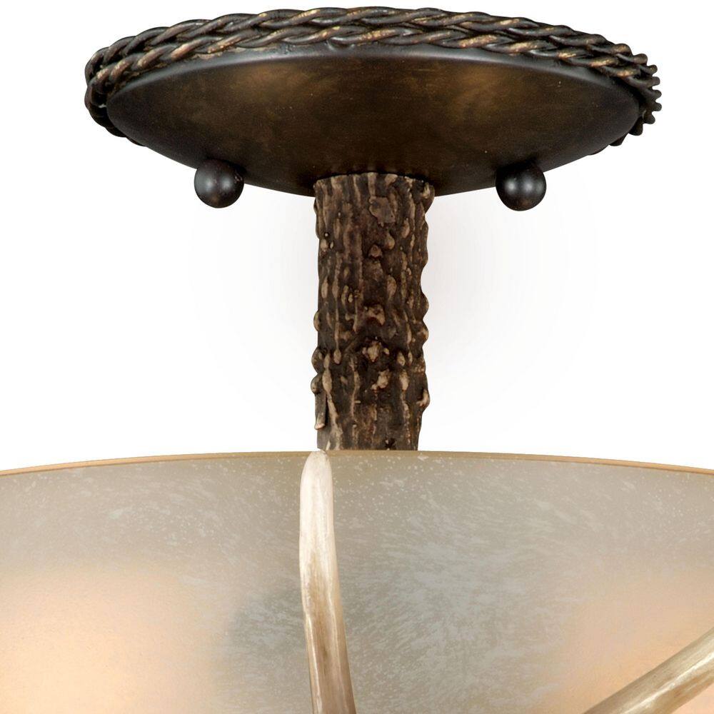 Rustic Antler 12" Black Walnut Semi-Flush Ceiling Light with Creme Glass