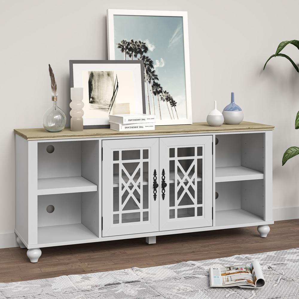 Vintage White and Oak 60" TV Stand with Carved Cabinet Doors