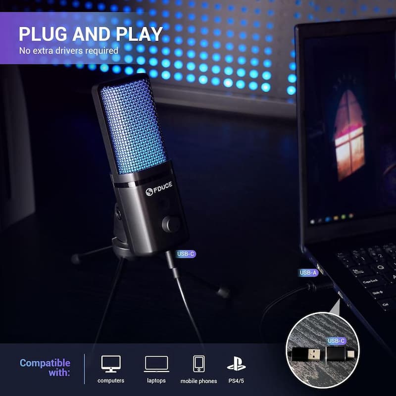 USB Microphone, Computer Cardioid Condenser PC Microphone with Tripod for Gaming, Streaming, Podcasting RGB