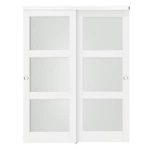 64 in. x 80 in. White, Solid Core MDF, 3 Lites, Double Frosted Glass Panel Bypass Sliding Door with Aluminum Hardware