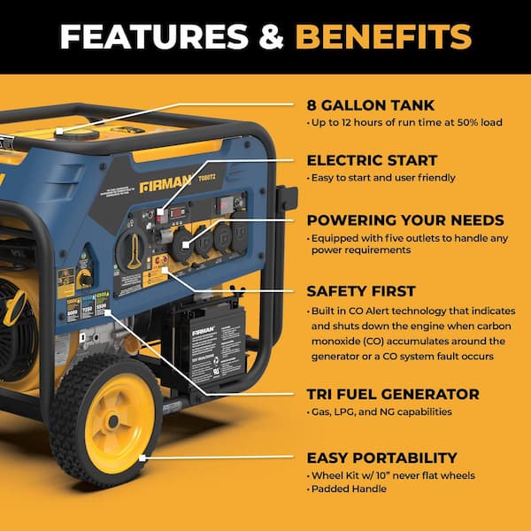 10,000-Watt/8,000-Watt Tri-Fuel Portable Generator with Electric Start, Transfer Switch Outlet and CO Alert Technology