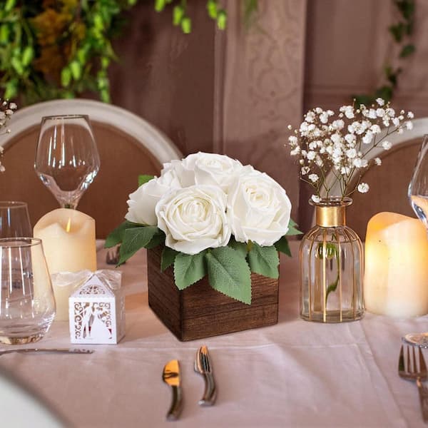 7 in. Pink Indoor Artificial Rose Flowers in Wood Vase 6 Pack