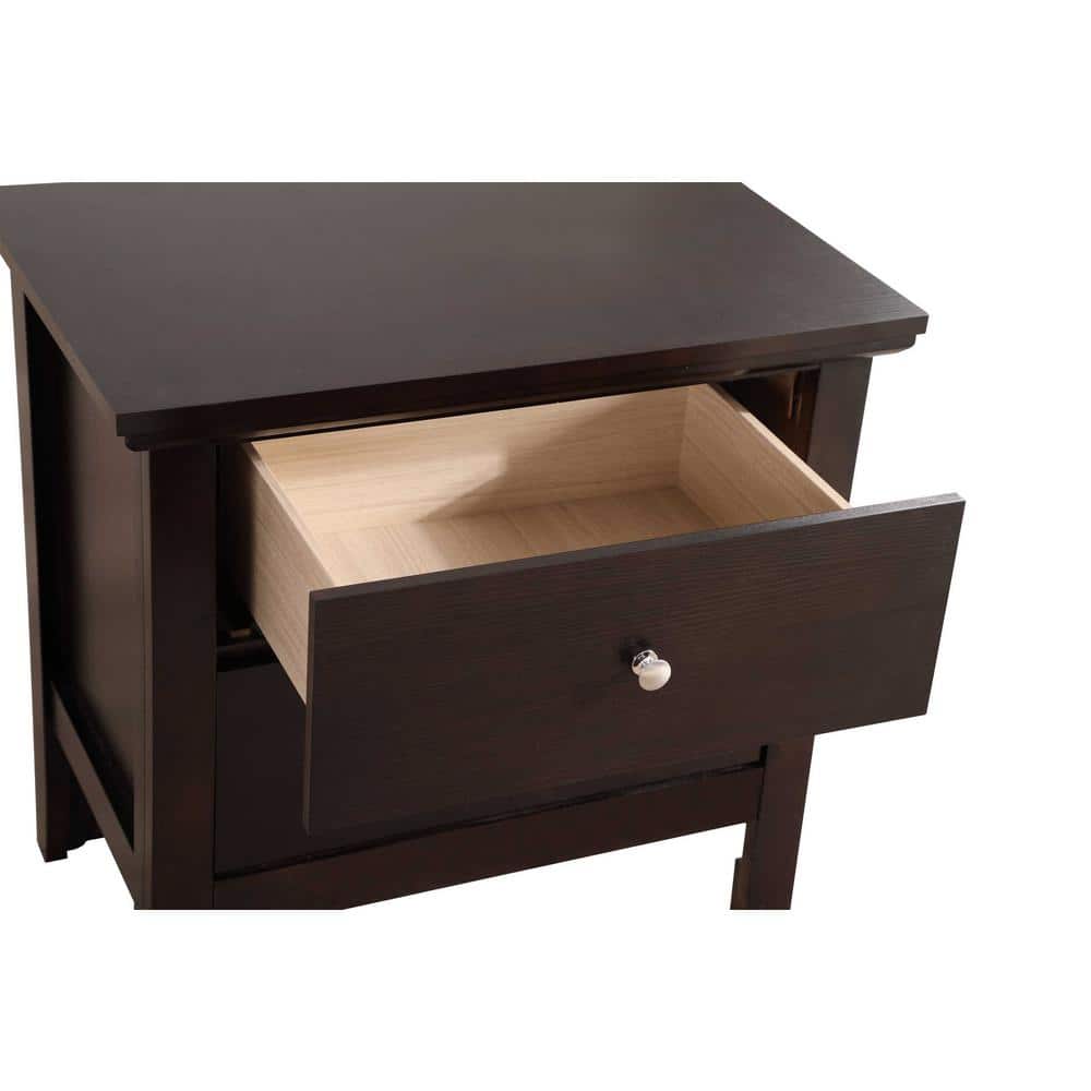 Espresso Solid Wood 2-Drawer Nightstand with Nickel Handles
