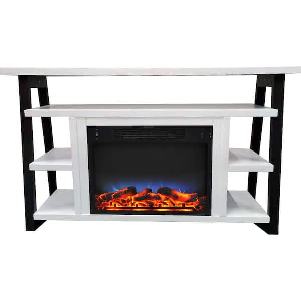 Hanover Industrial Chic 53.1 W in. Freestanding Electric Fireplace TV Stand in White and Black with Enhanced Log Display