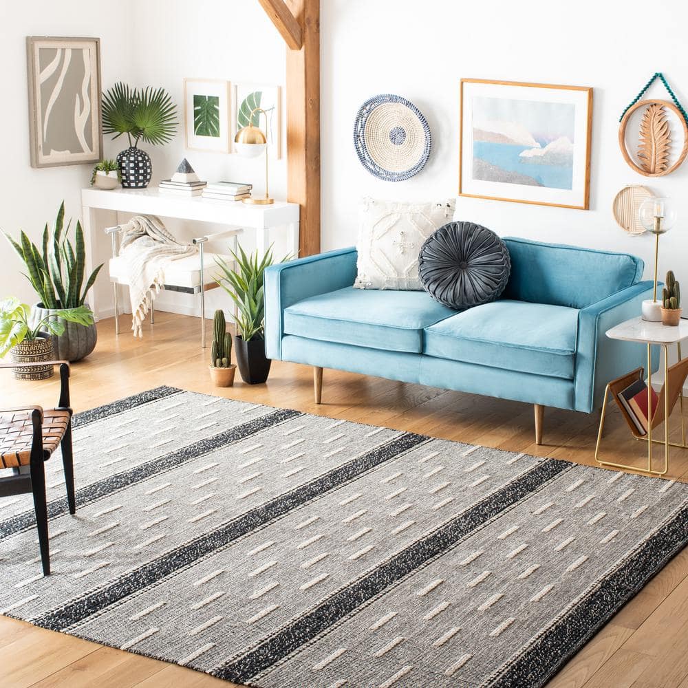 Black and Ivory Striped Wool Cotton 9' x 12' Rug
