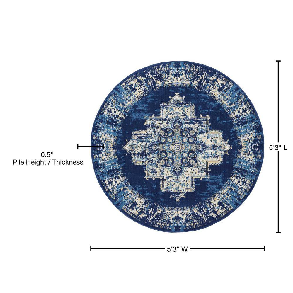 Navy Blue Round Medallion Synthetic Traditional Rug