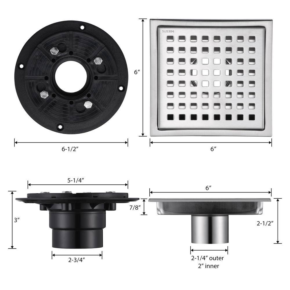 6-Inch Stainless Steel Square Shower Floor Drain