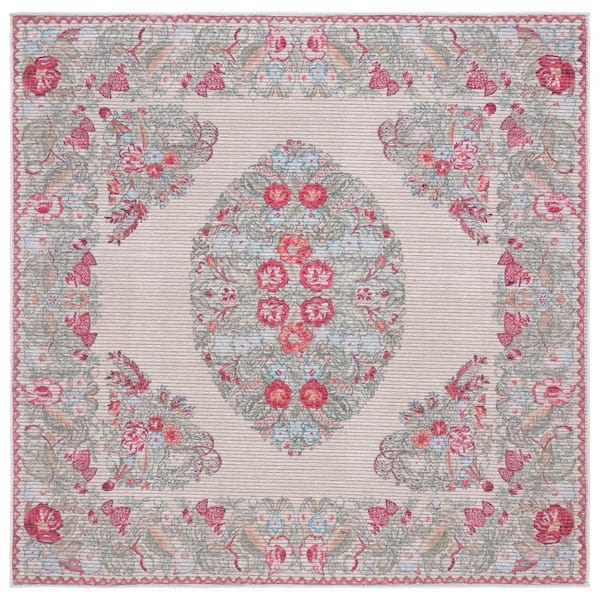 Besarabian Beige/Sage 7 ft. x 7 ft. Machine Washable Border Floral Square Area Rug