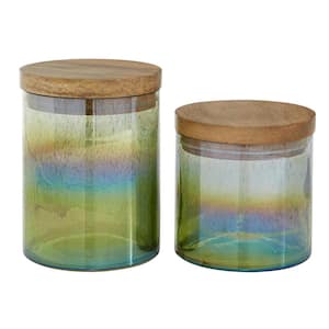 Multi Colored Wood Ombre Decorative Jars with Wood Lid (Set of 2)