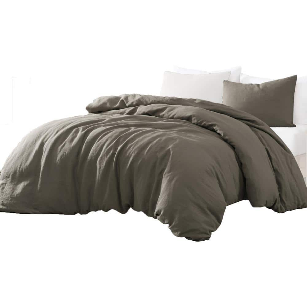 Benjara Edge 3- Piece Charcoal Gray Solid Print Linen Twin Comforter ...