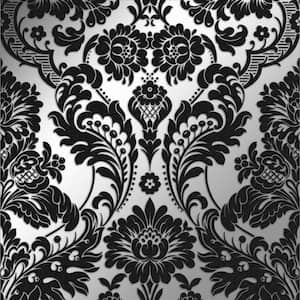 Gothic Damask Flock Black and Silver Removable Wallpaper