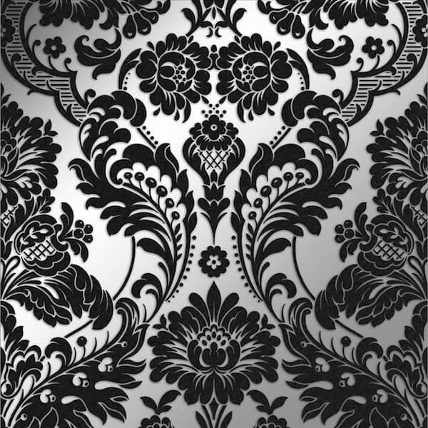 Graham & Brown Gothic Damask Flock Black and Silver Removable Wallpaper Sample