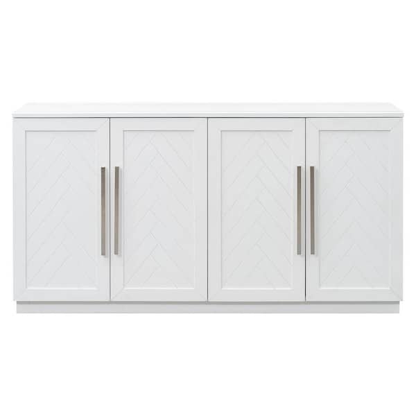 60.00 in. W x 16.00 in. D x 32.00 in. H White Linen Cabinet Sideboard with 4-Doors and Adjustable Shelves