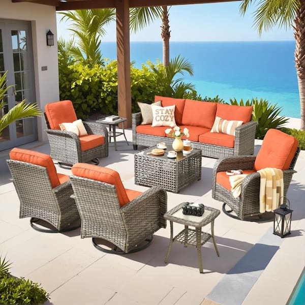 Lotus B 8-Piece Wicker Patio Conversation Seating Set with Swivel Rocking Chairs Coffee Table and Orange Red Cushions