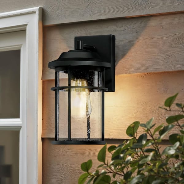 1-Light Black Seeded Glass Outdoor Wall Light Hardwired Sconce