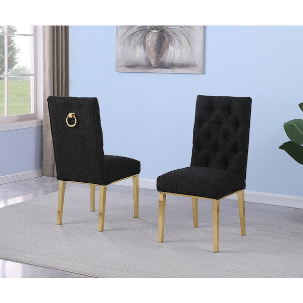 Melina Black Boucle Fabric Side Chair Set of 2 with Gold Chrome Plated Legs