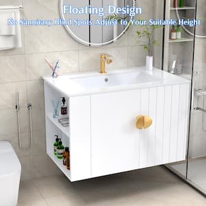 30 in. W Single Sink Floating Bath Vanity in White with Ceramic Top Unassembled, Two Doors and Left Open Shelves