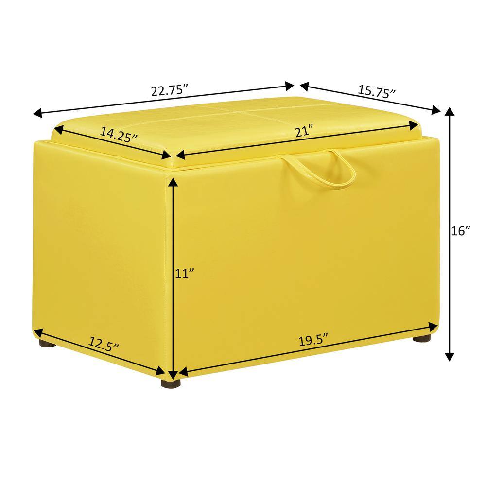 Modern Yellow Faux Leather Accent Storage Ottoman with Reversible Tray