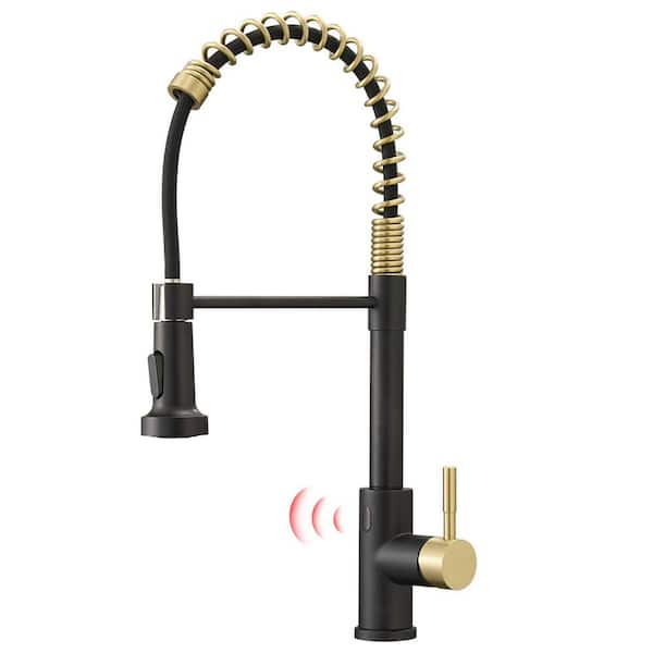 Flynama Motion Sensor Smart Hands-Free Activated Single Hole Spring Faucet for Kitchen Sink in Black and Gold