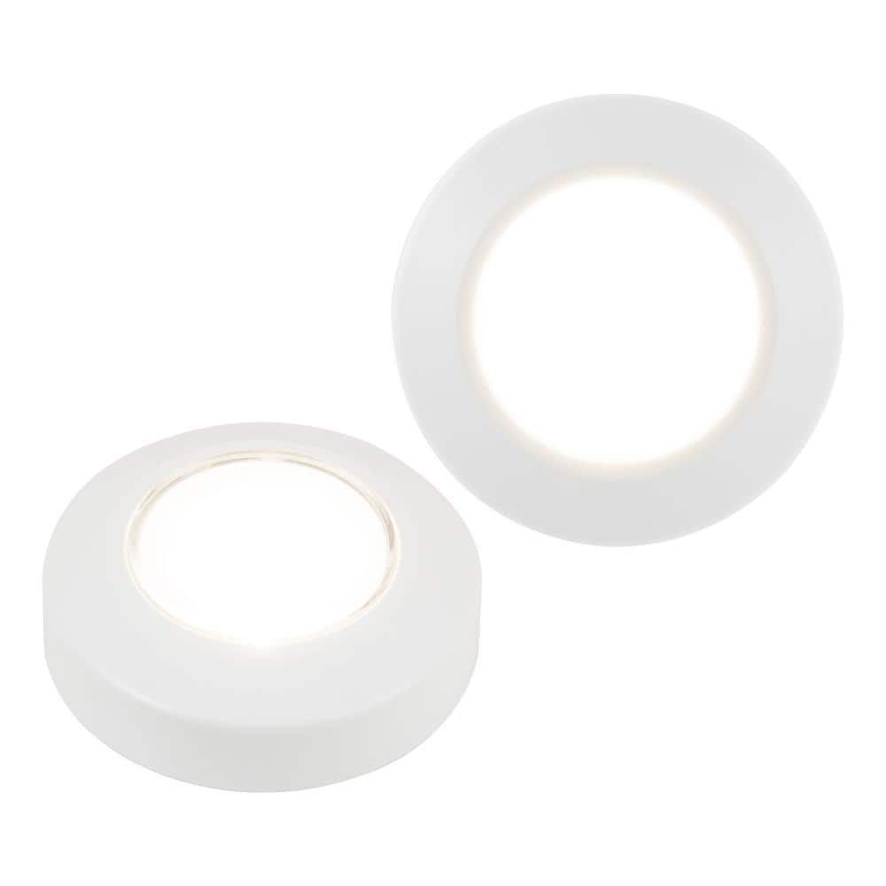 White Round LED Battery-Powered Motion Sensor Puck Lights, 2-Pack