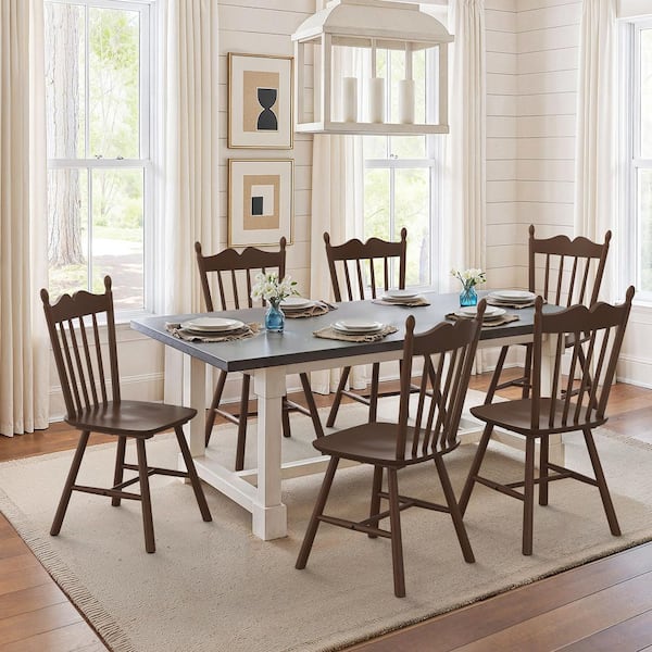 17 in Walnut Wave Spindle Back Classic Windsor Dining Chair Solid Wood Armless Farmhouse Dining Chair Set of 6