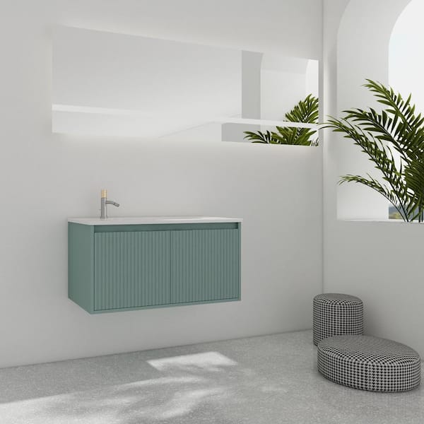 FAMYYT 36 in. W x 18.2 in. D x 18.5 in. H Single Sink Floating Bath Vanity in Green with White Resin Top with Teardrop Basin