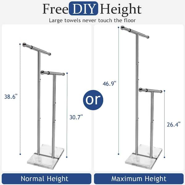 2-Tier 40 in. Standing Towel Rack with Marble Base, Width Adjustable and Height Bathroom Towel Rack Stand, Silver