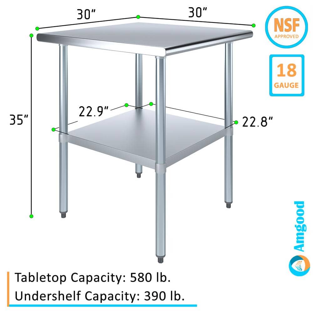 AmGood 30" x 30" Stainless Steel Utility Work Table with Galvanized Shelf