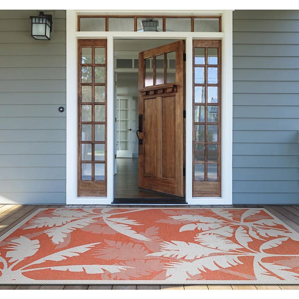 Monaco Coastal Flora Ivory-Orange 6 ft. x 9 ft. Indoor/Outdoor Area Rug