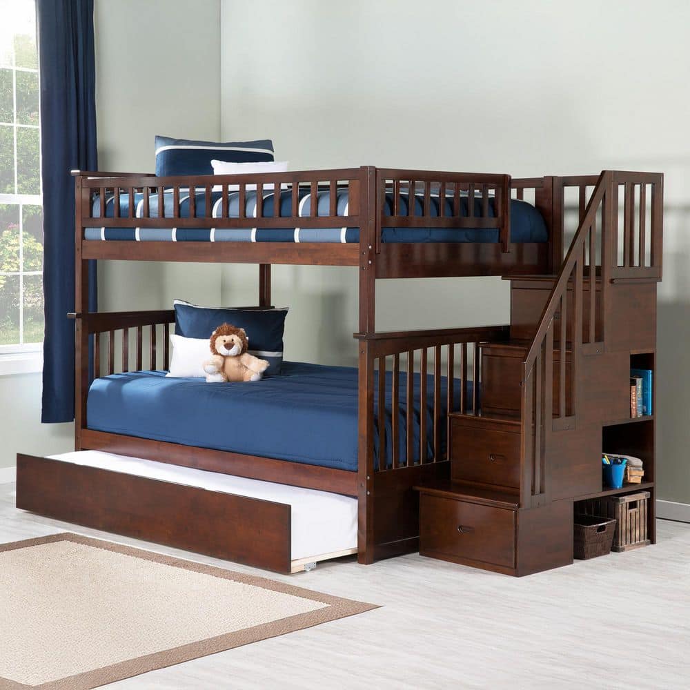 Columbia Staircase Bunk Bed Full over Full with Full Size Urban Trundle Bed in Walnut