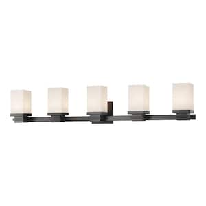Avige 39.6 in. 5-Light Bronze Integrated LED Shaded Vanity Light with Matte Opal Glass Shade
