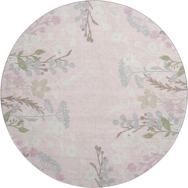 Mayfield Premium Machine Washable Abstract AMF2334 Pink 8 ft. x 8 ft. Round Rug