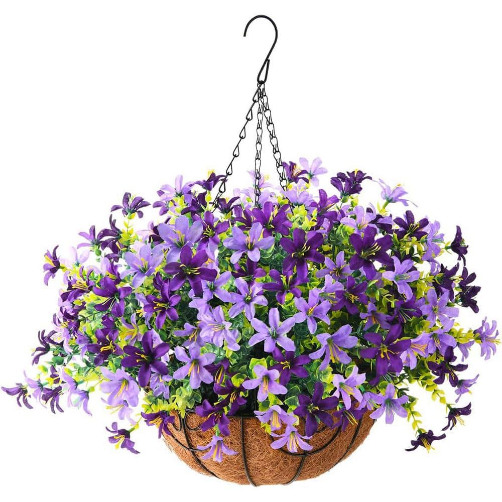 19.7 in. Deep Purple Outdoor Artificial Hanging Violet Flowers in Brown Bas
