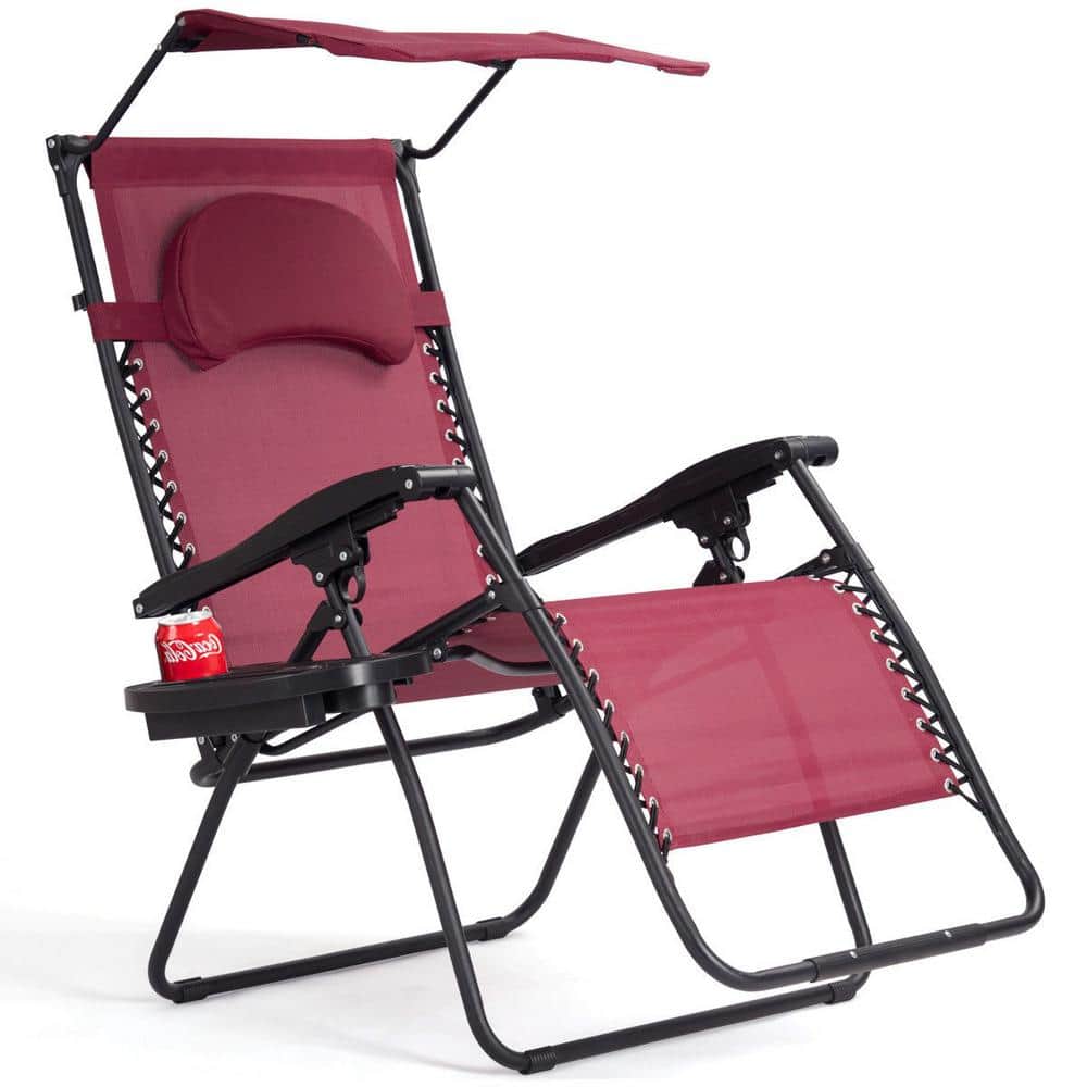 Folding Metal Outdoor Lounge Chair in Wine with Shade Canopy Cup Holder