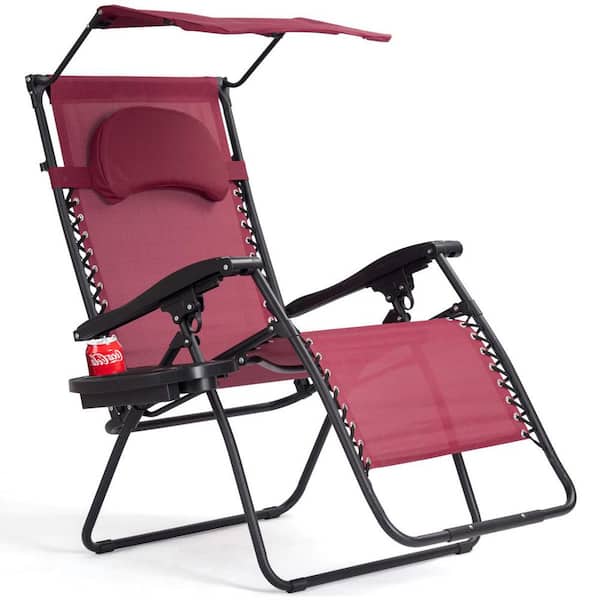 Unbranded Folding Metal Outdoor Lounge Chair in Wine with Shade Canopy Cup Holder