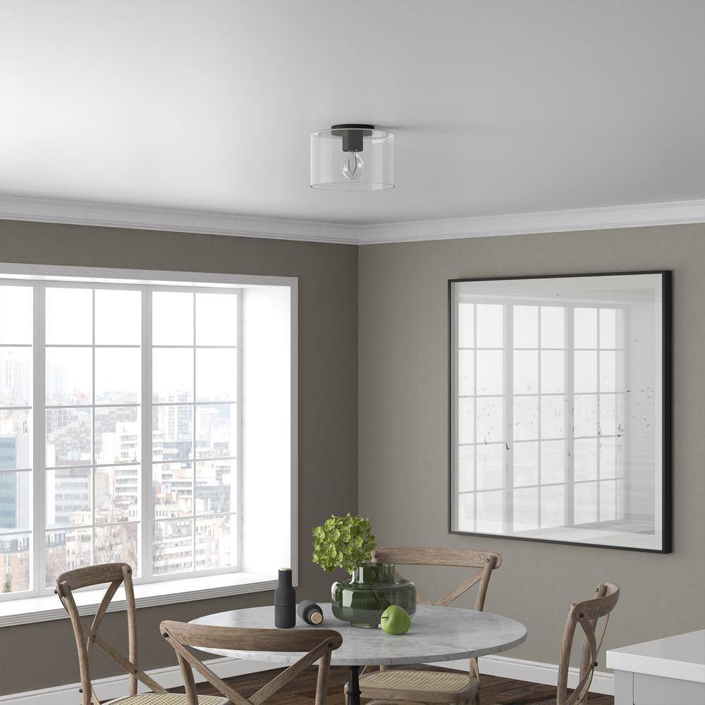Matte Black and Glass Drum Ceiling Light