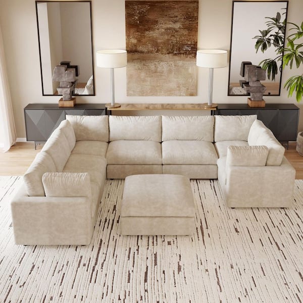 Oversized 134 in. Square Arm Chenille Modular Festive Sofa Living Room Set with Ottoman, Detachable Coves in. Beige