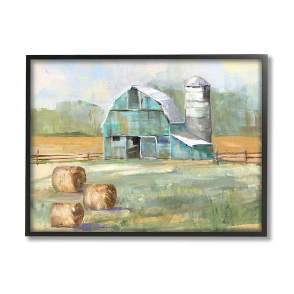 Stupell Industries "Contemporary Blue Farm Hay Bails Empty Field" by Sally Swatland Framed Print Nature Texturized Art 16 in. x 20 in.