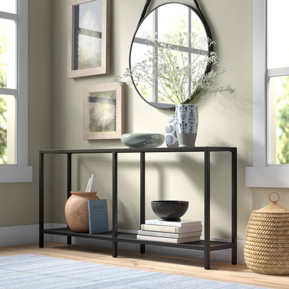 Blackened Bronze 64" Metal and Glass Console Table with Shelves