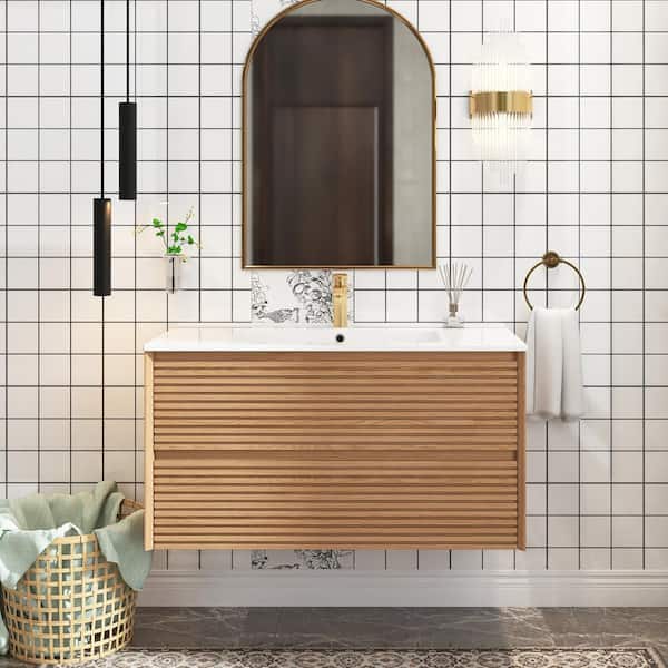 Unbranded 36 in. W Wall-Mounted Bath Vanity in Walnut with White Ceramic Top