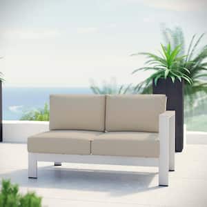 Shore Aluminum Right Arm Outdoor Sectional Chair Loveseat in Silver with Beige Cushions