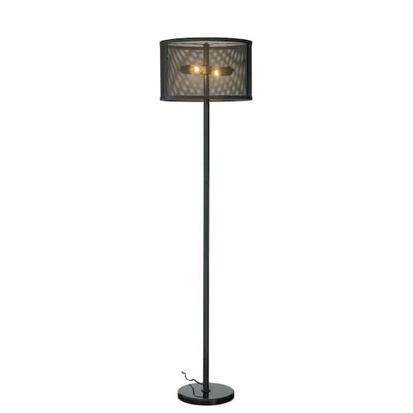 ALOA DECOR 2-Light H 57 in. Modern Black Standard Drum Floor Lamp with Marble Base and Metal Mesh Shade for Living Room