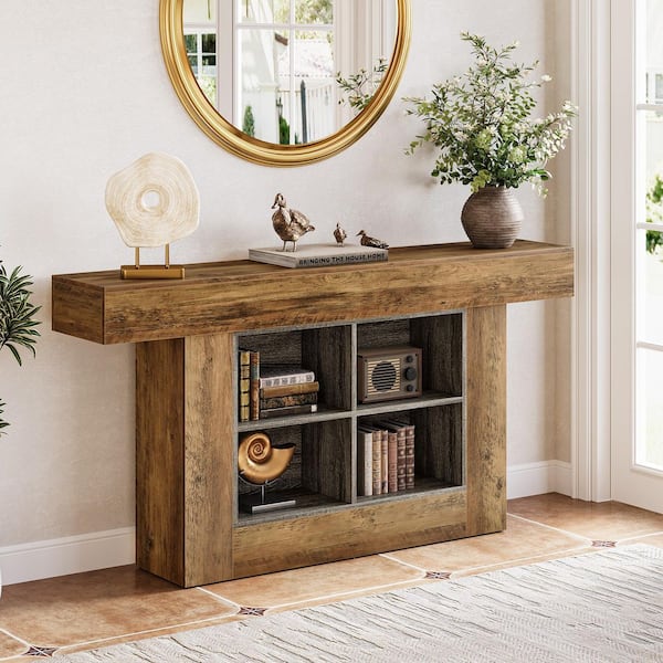 Benjamin 63 in. Rustic Brown Grey 2-Tier Rectangle Wood Behind Sofa Hallway 4 Storage Cubes Console Table Home Office