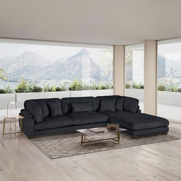 Lazzara Turbo 135 in. Pillow Top Arm 4-Piece Corduroy Fabric Modular Sectional Sofa in. Black with Ottoman