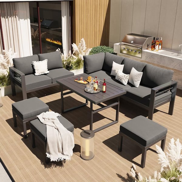7-Piece Metal Patio Conversation Set with Dark Gray Cushions, Height-Adjustable Table